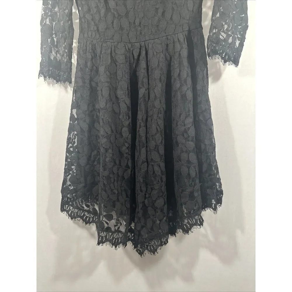 NEW $128 Free People [ 4 ] Skater‎ Floral Mesh Lace Dress in Black #u1184